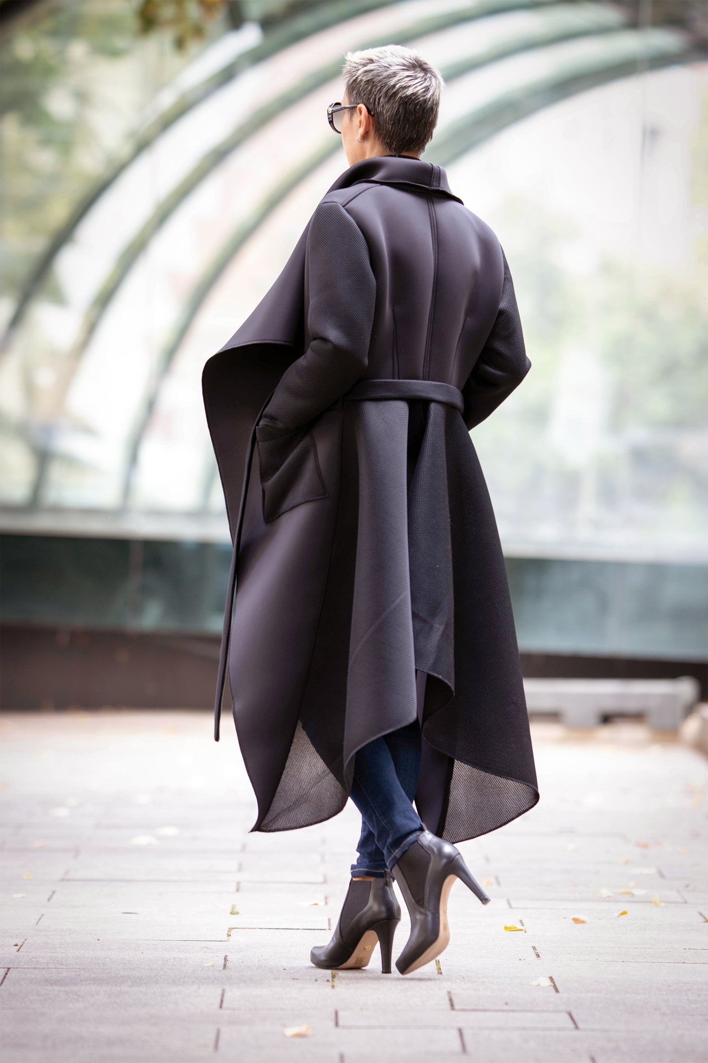 Black Asymmetric Neoprene Coat with Sculptural Collar and Belt