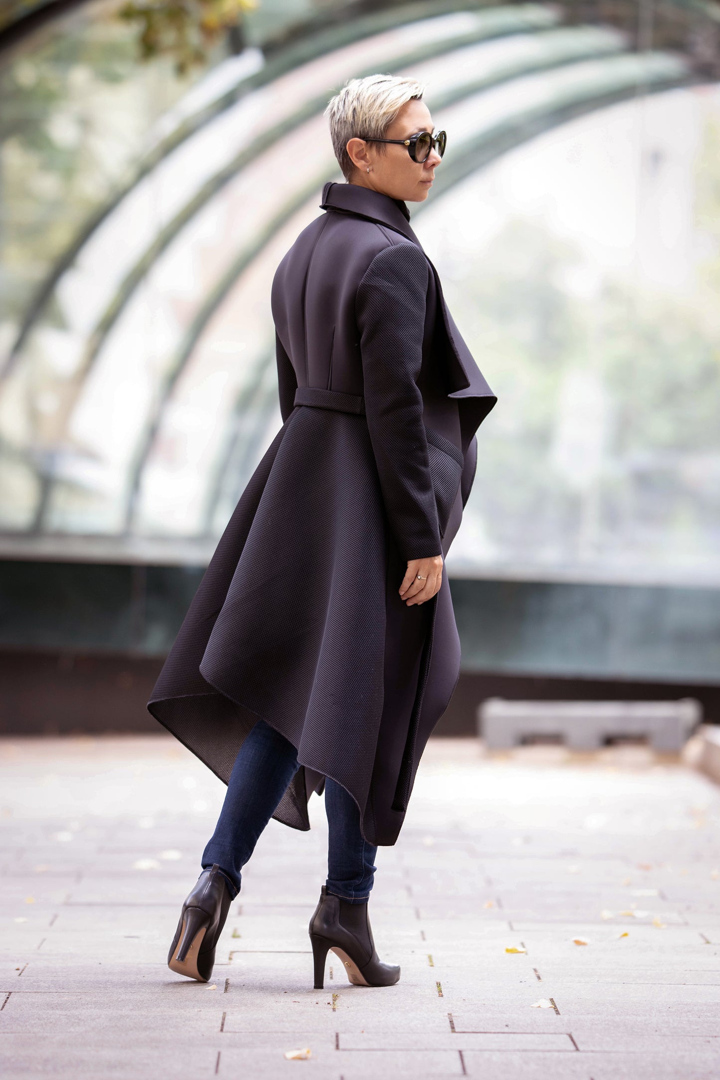 Black Asymmetric Neoprene Coat with Sculptural Collar and Belt