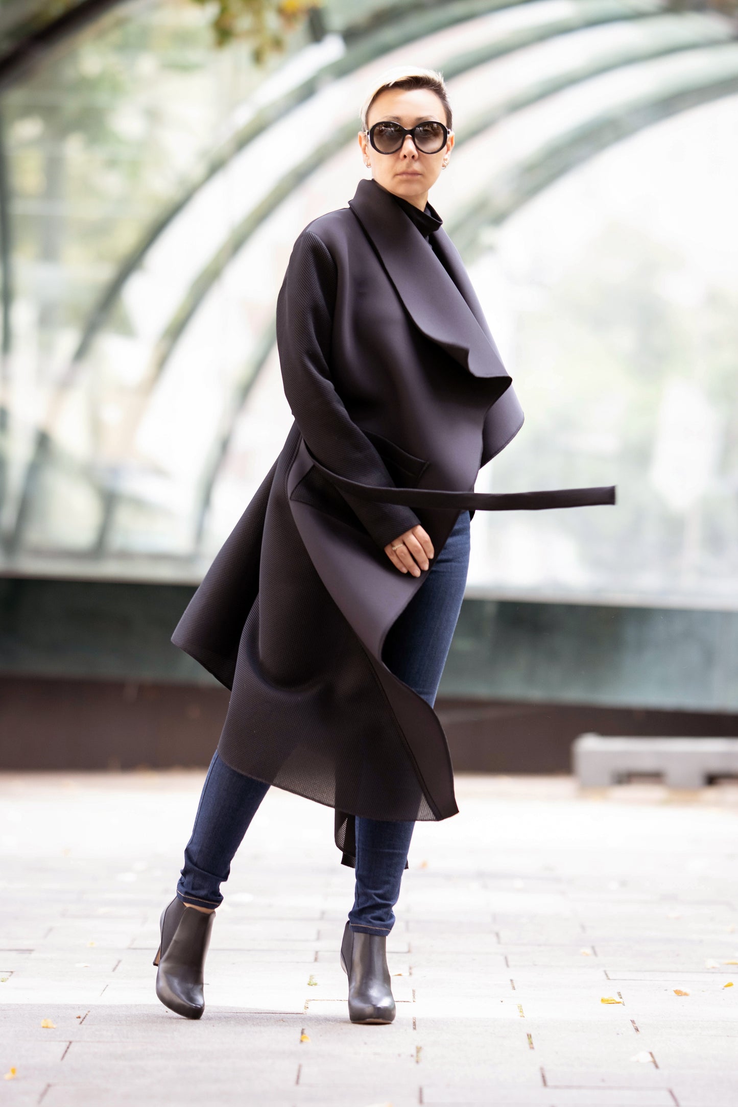 Black Asymmetric Neoprene Coat with Sculptural Collar and Belt