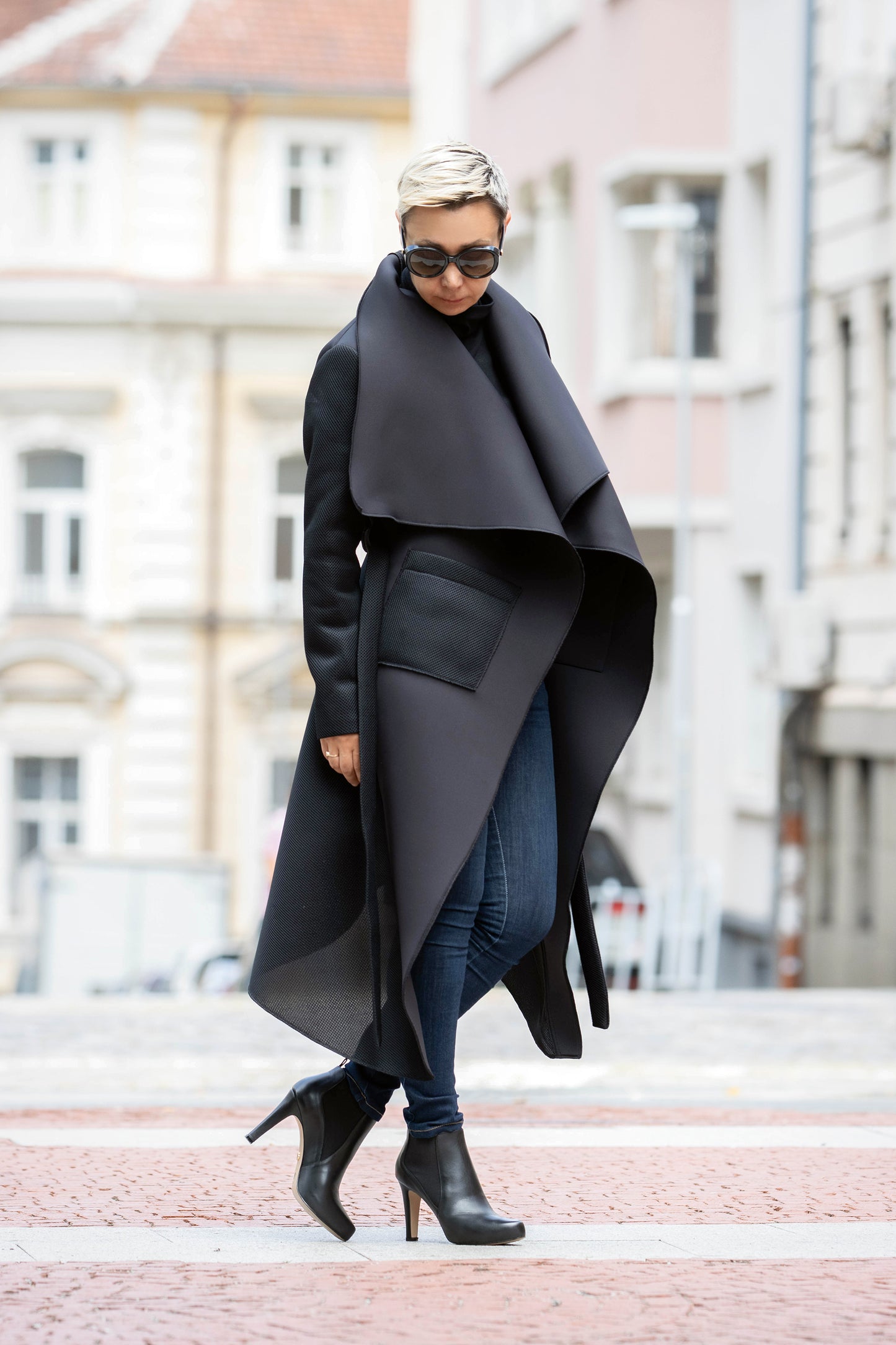 Black Asymmetric Neoprene Coat with Sculptural Collar and Belt