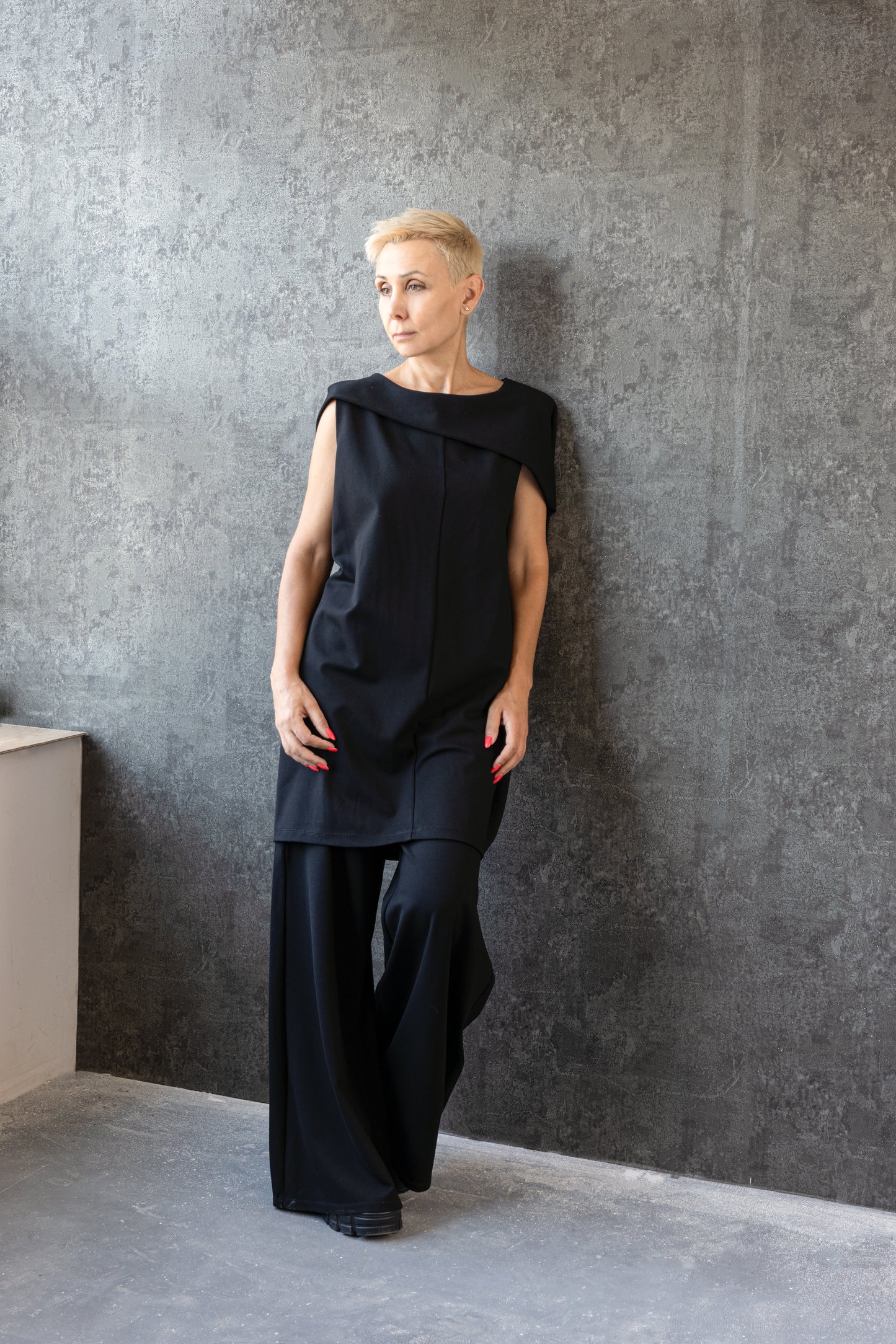 Asymmetric Black Sleeveless Dress – Avant-Garde Sculptural Ponte di Roma Dress by Jana Coshe