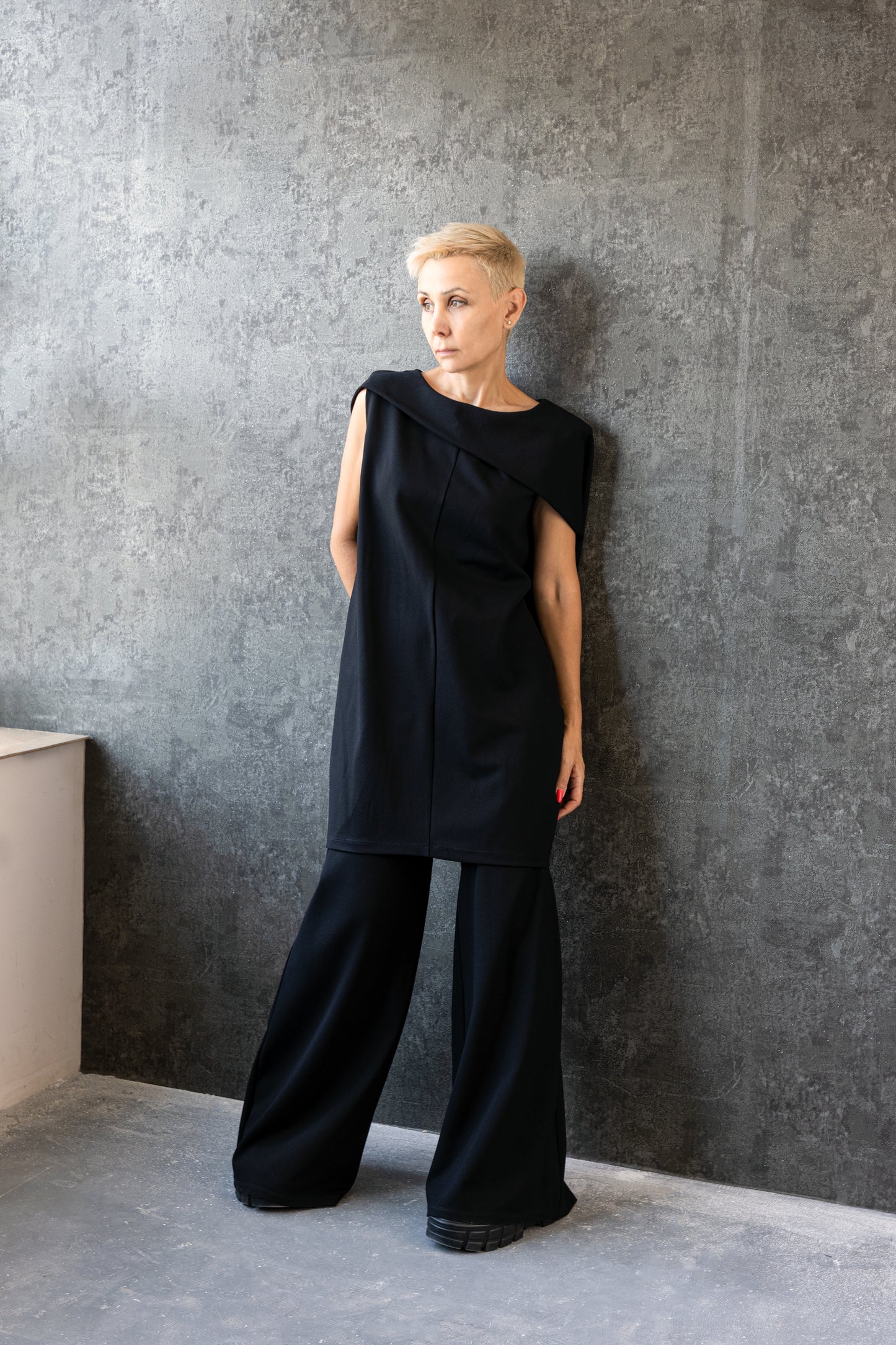 Asymmetric Black Sleeveless Dress – Avant-Garde Sculptural Ponte di Roma Dress by Jana Coshe