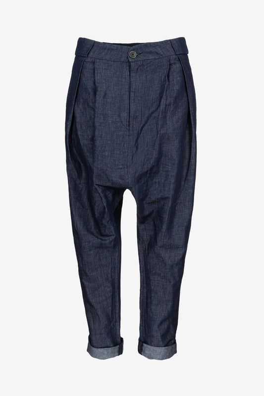 Front on ghost mannequin: Linen drop-crotch pants with front pleats and wide waistband – Front view on ghost mannequin – Jana Coshe