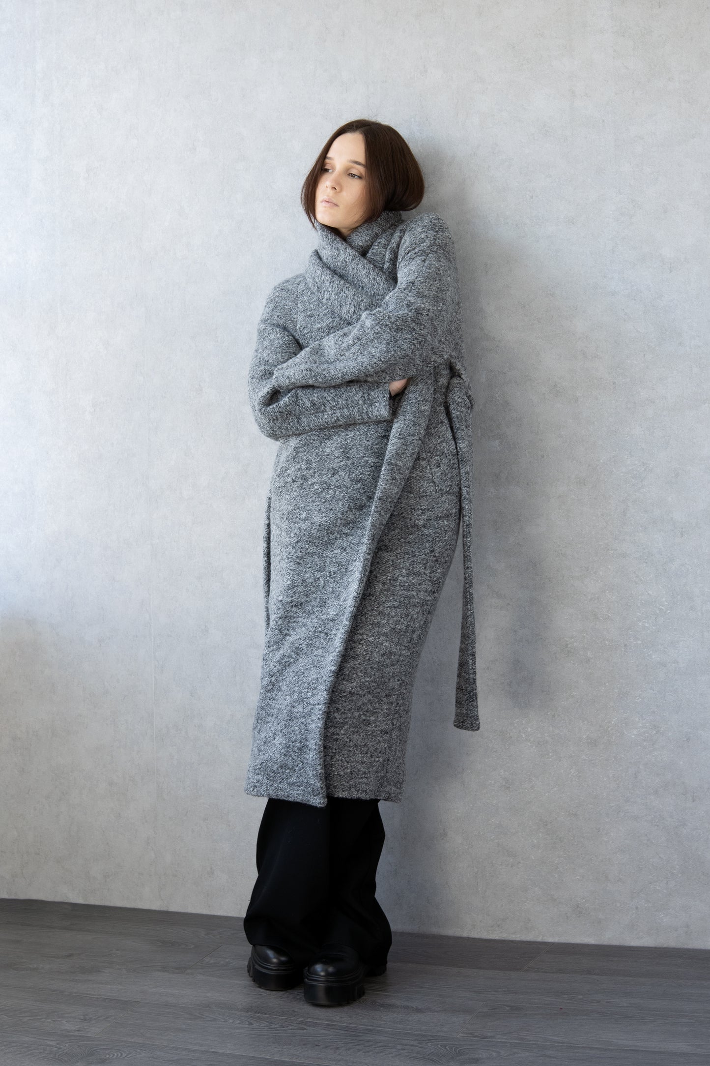 Long Grey Belted Coat with Shawl Collar – Textured Winter Wrap Coat