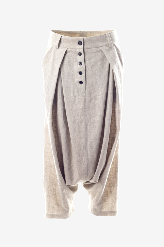Linen Harem Pants with Front Button Closure and Back Flap Pockets – Low Waist Design by Jana Coshe