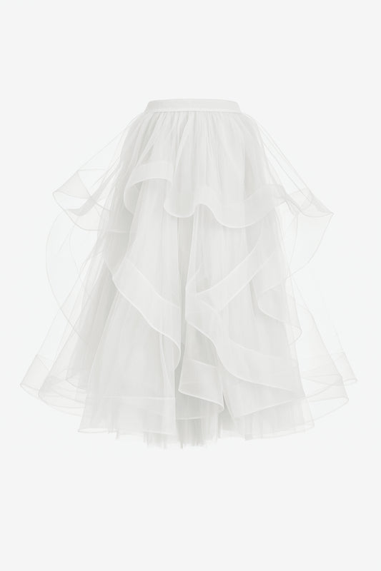 A long, white tulle skirt with a cascading layered fabric creating a waterfall effect.