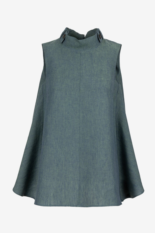 Asymmetric Linen Top with High Collar and Open Back – Sleeveless Sculptural Design with Bow by Jana Coshe