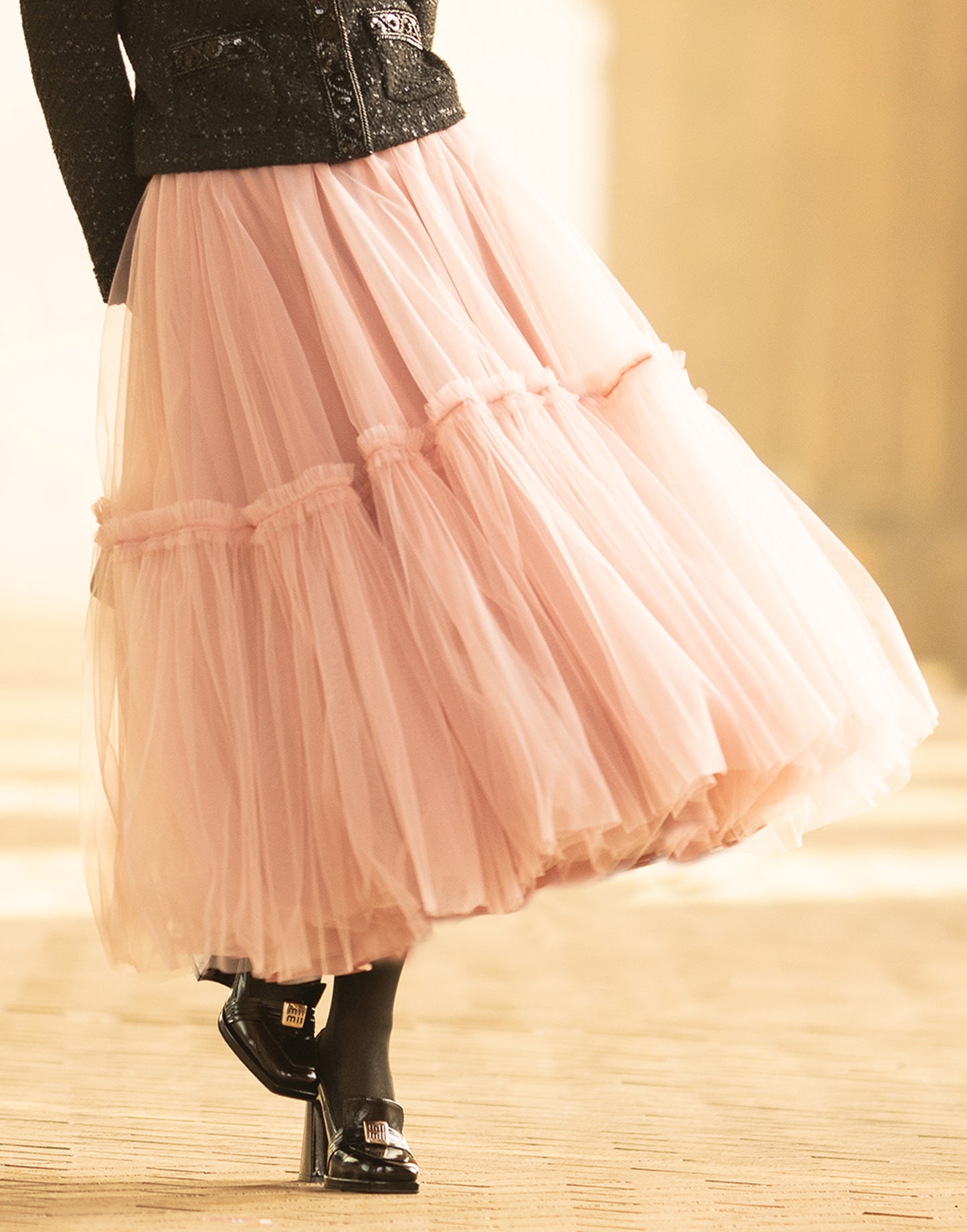 Layered tulle skirt in Ash of Roses close view