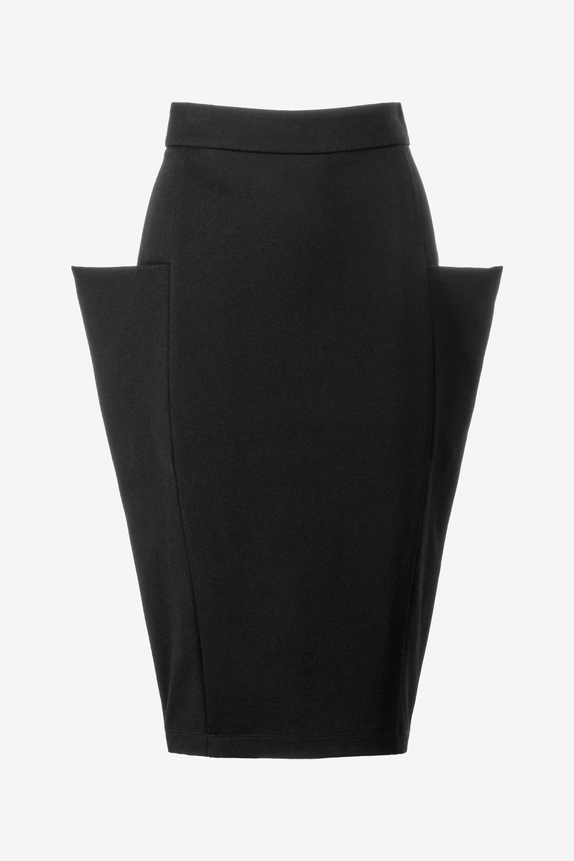 “Avant-garde black ponte skirt with sculptural pockets handmade in Europe”
