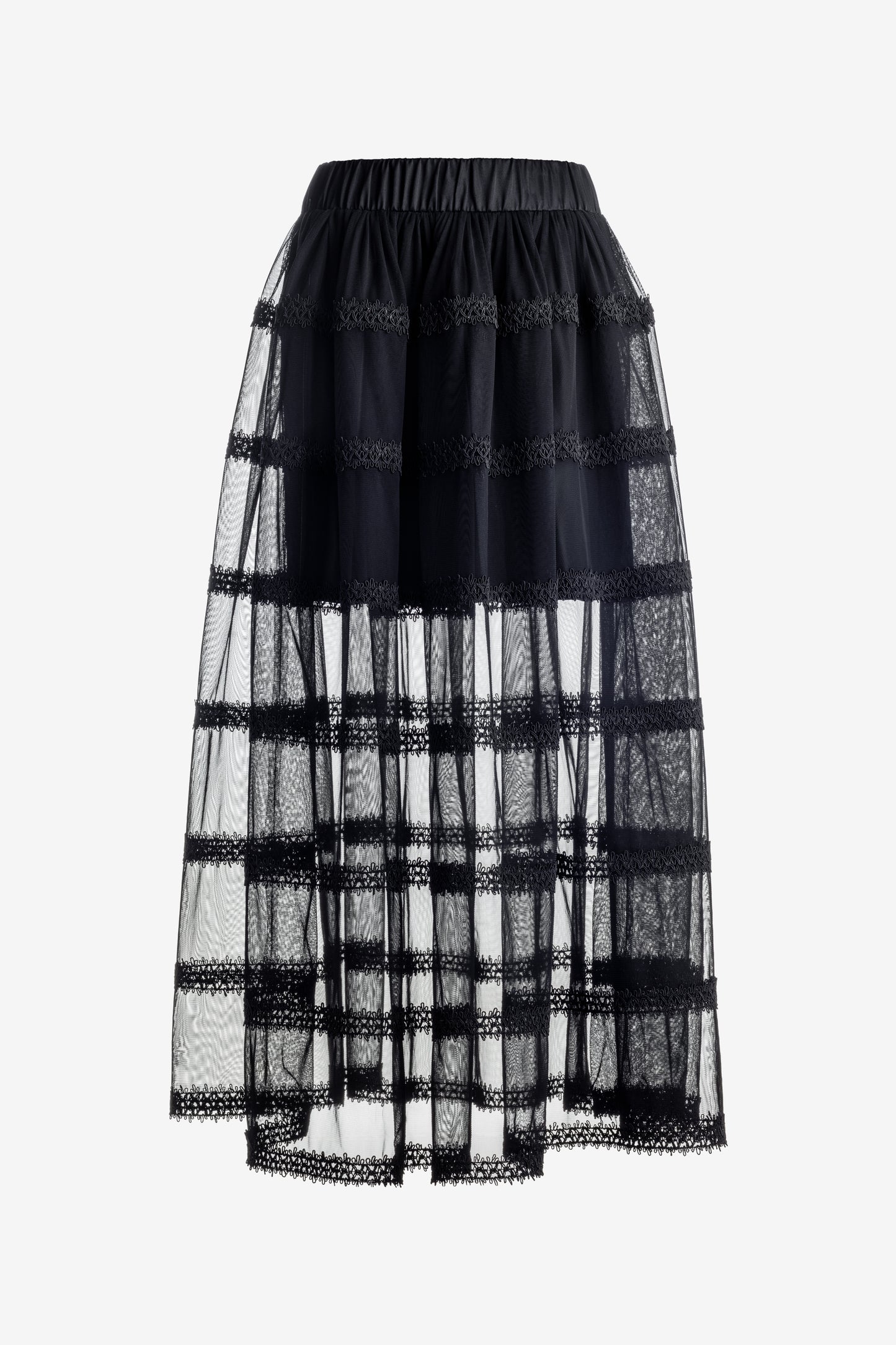 Sheer Tulle Skirt with Lace Stripes – Ankle-Length Black Skirt with Elastic Waist by Jana Coshe