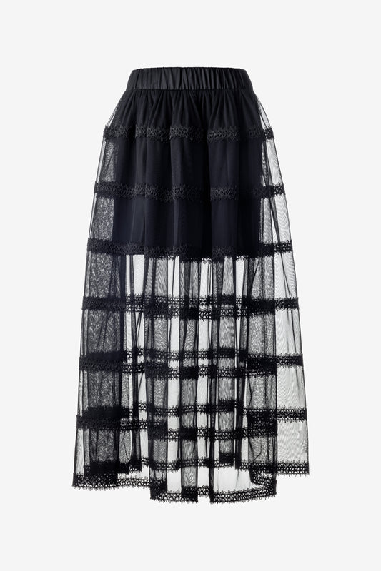 Studio shot of sheer black tulle skirt with lace detailing and elastic waist