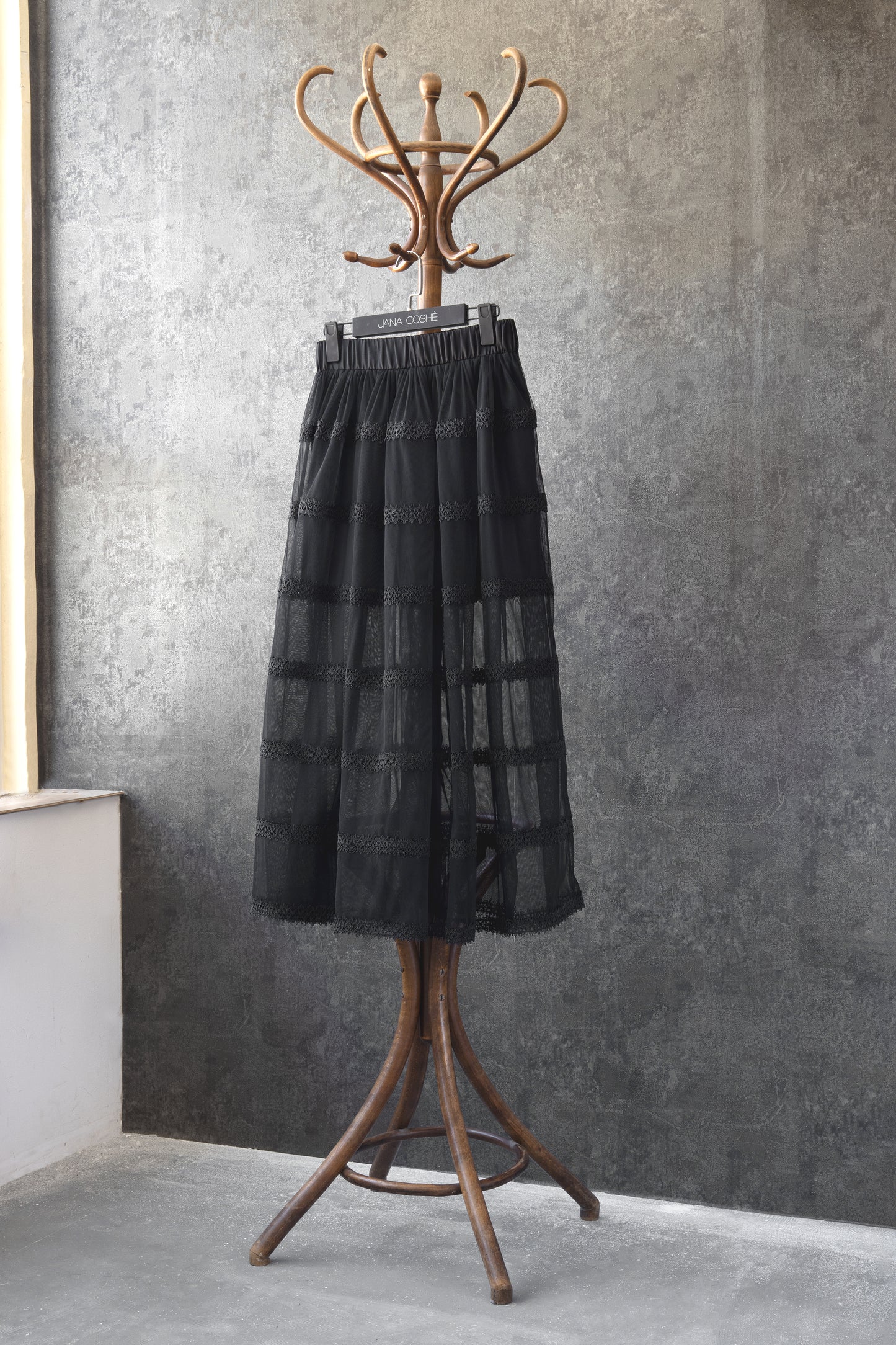 Sheer Tulle Skirt with Lace Stripes – Ankle-Length Black Skirt with Elastic Waist by Jana Coshe