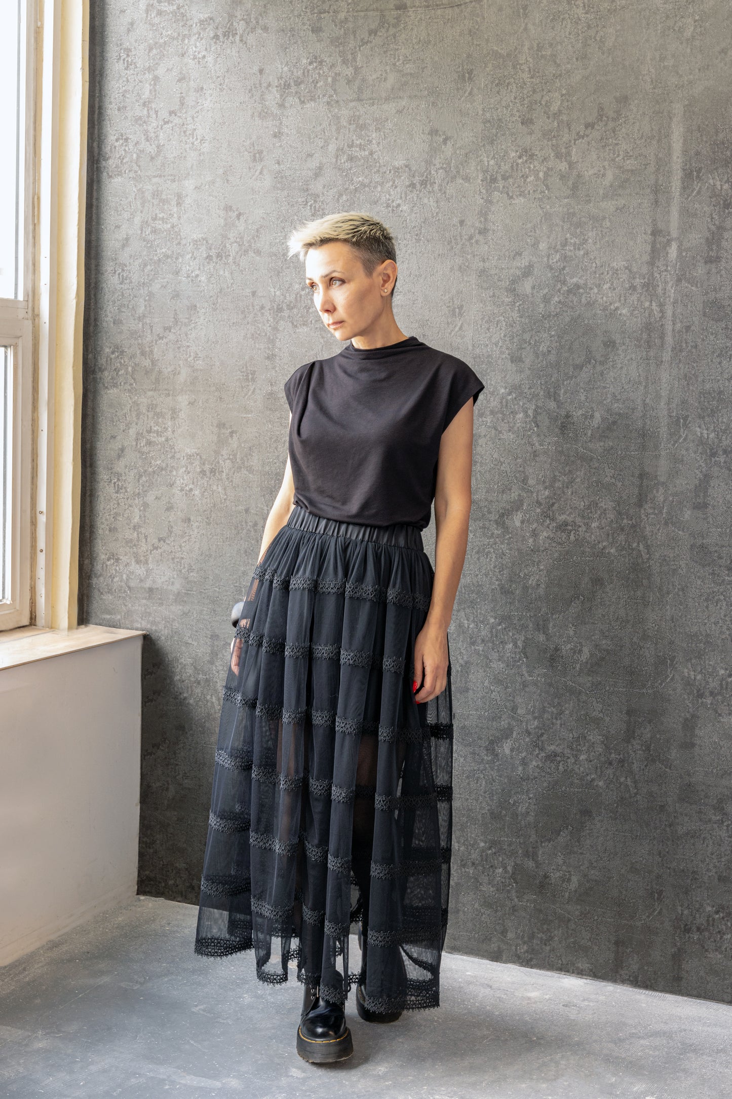 Sheer Tulle Skirt with Lace Stripes – Ankle-Length Black Skirt with Elastic Waist by Jana Coshe