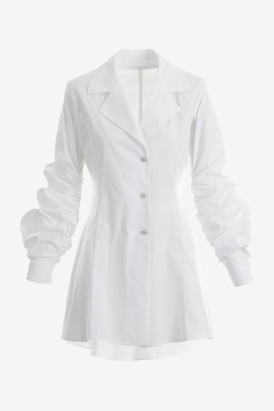 Long White Shirt with Draped Sleeves and Tailored Collar