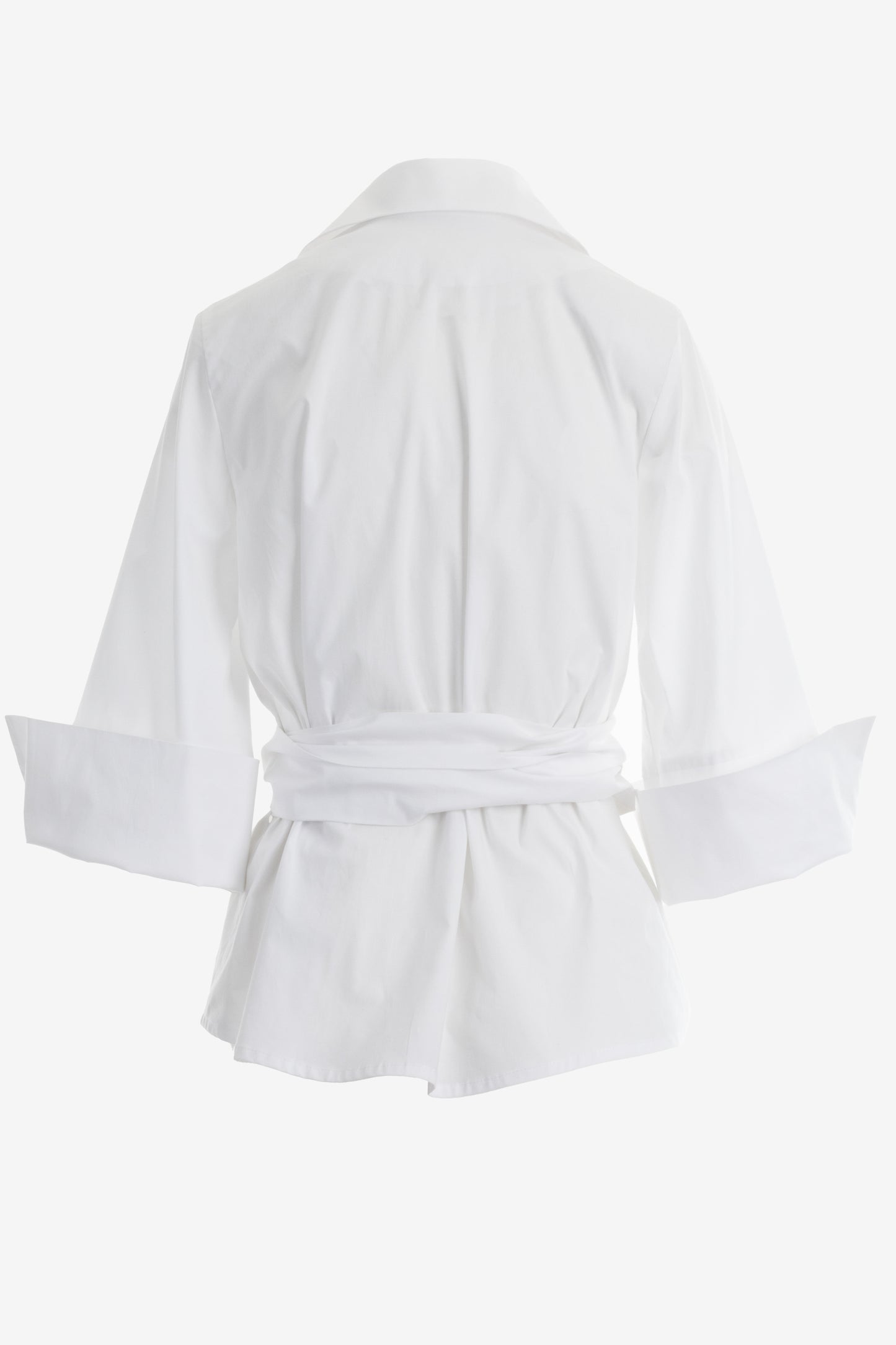 White Kimono-Style Shirt with Extra-Wide Cuffs and Long Belt