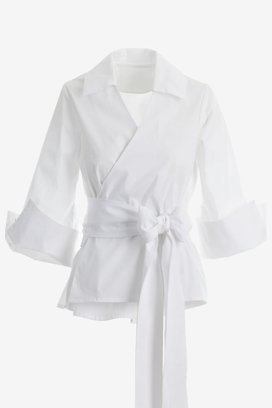 White Kimono-Style Shirt with Extra-Wide Cuffs and Long Belt