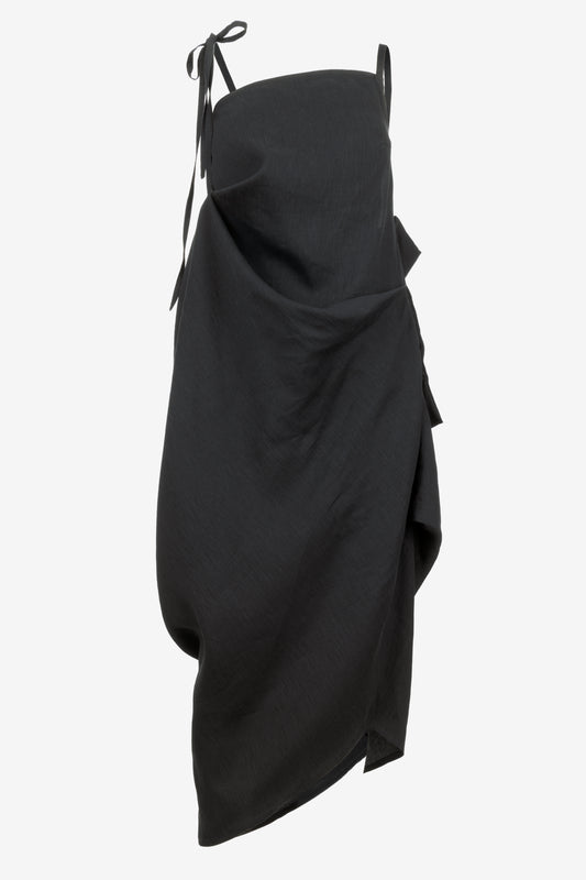 Asymmetrical linen dress with draped front – Handmade by Jana Coshe