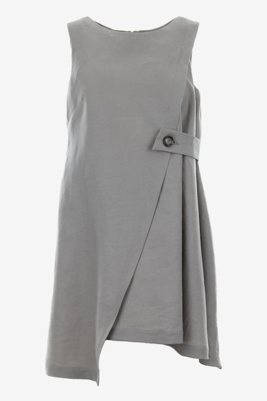 Front on ghost mannequin: Asymmetric sleeveless linen dress with decorative belt – Front view on ghost mannequin – Jana Coshe