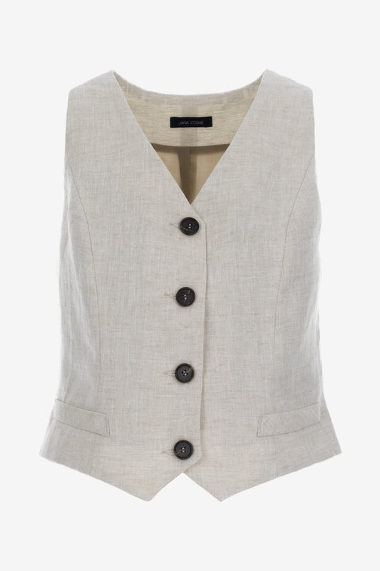 Fitted Linen Waistcoat with V-Neckline and Decorative Pockets – Handmade by Jana Coshe