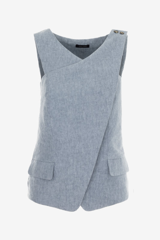 Asymmetric Linen Wrap Vest with Shoulder Closure – Fully Lined