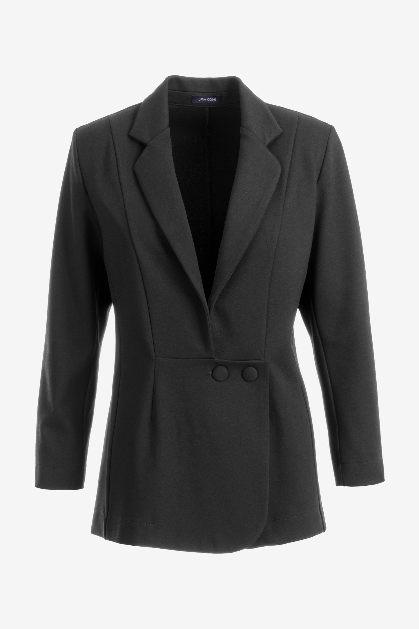 Tailored black jacket with asymmetric button closure – Front view – Jana Coshe