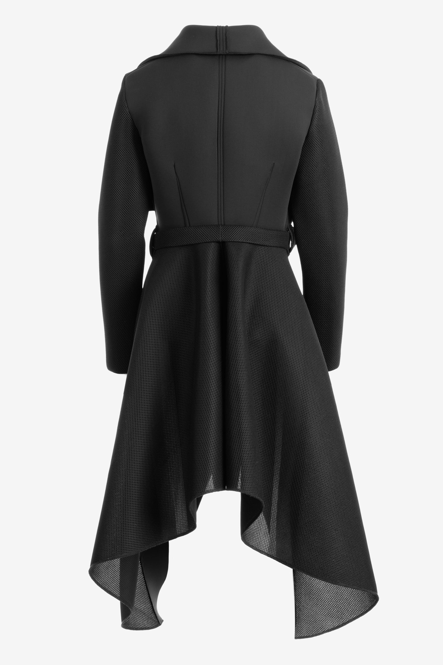 Black Asymmetric Neoprene Coat with Sculptural Collar and Belt