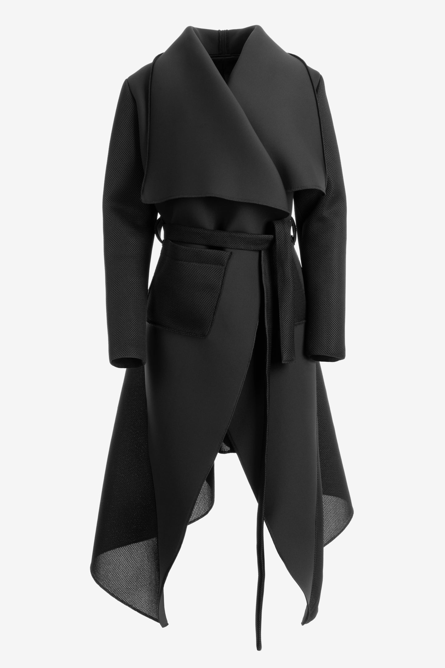 Black Asymmetric Neoprene Coat with Sculptural Collar and Belt