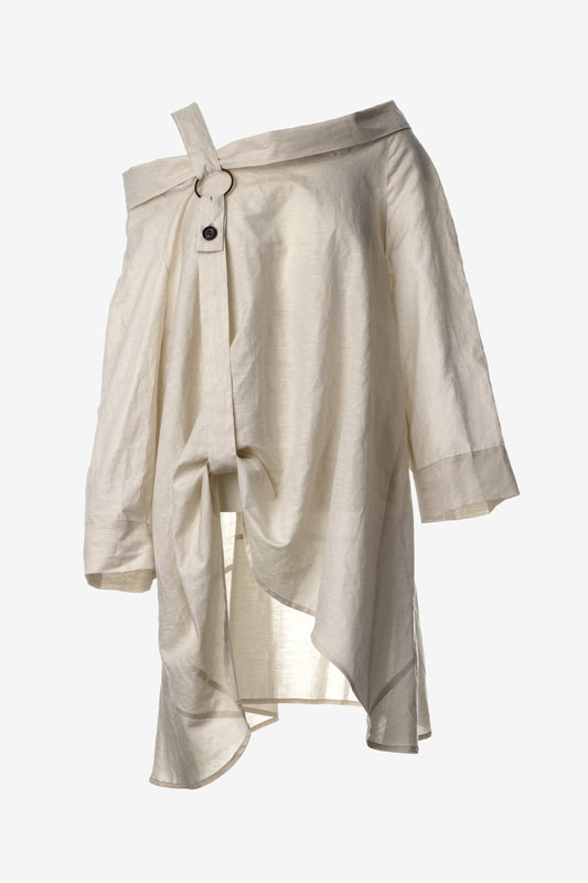 Asymmetric Linen Shirt with Strap Detail and Collar – Warm Sand