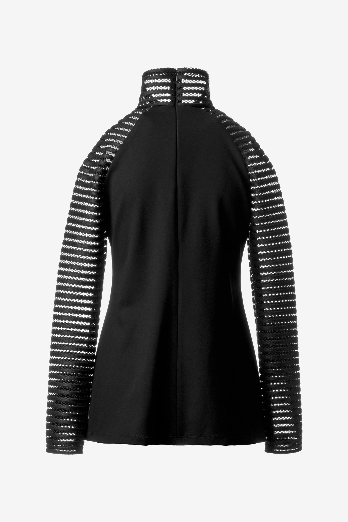 Striped Sleeve High Neck Blouse – Black Structured European Ponte Top with Back Zipper