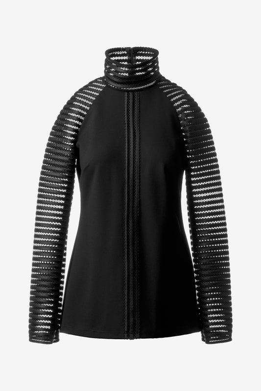 Striped Sleeve High Neck Blouse – Black Structured European Ponte Top with Back Zipper