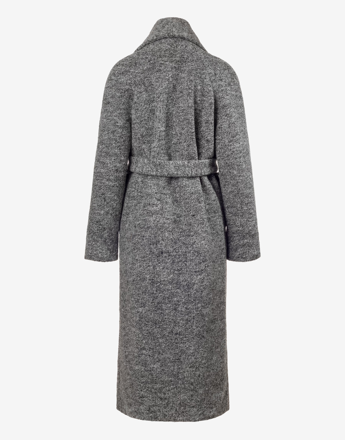 Long Grey Belted Coat with Shawl Collar – Textured Winter Wrap Coat