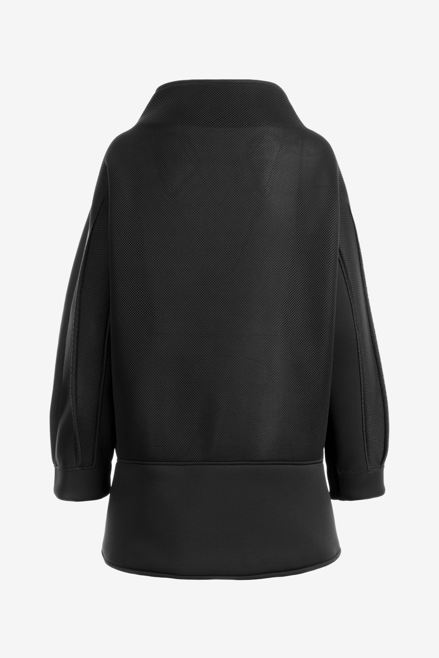 Black Short Neoprene Coat with Asymmetric Silhouette and Button Closure