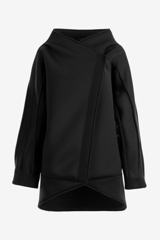 Black Short Neoprene Coat with Asymmetric Silhouette and Button Closure