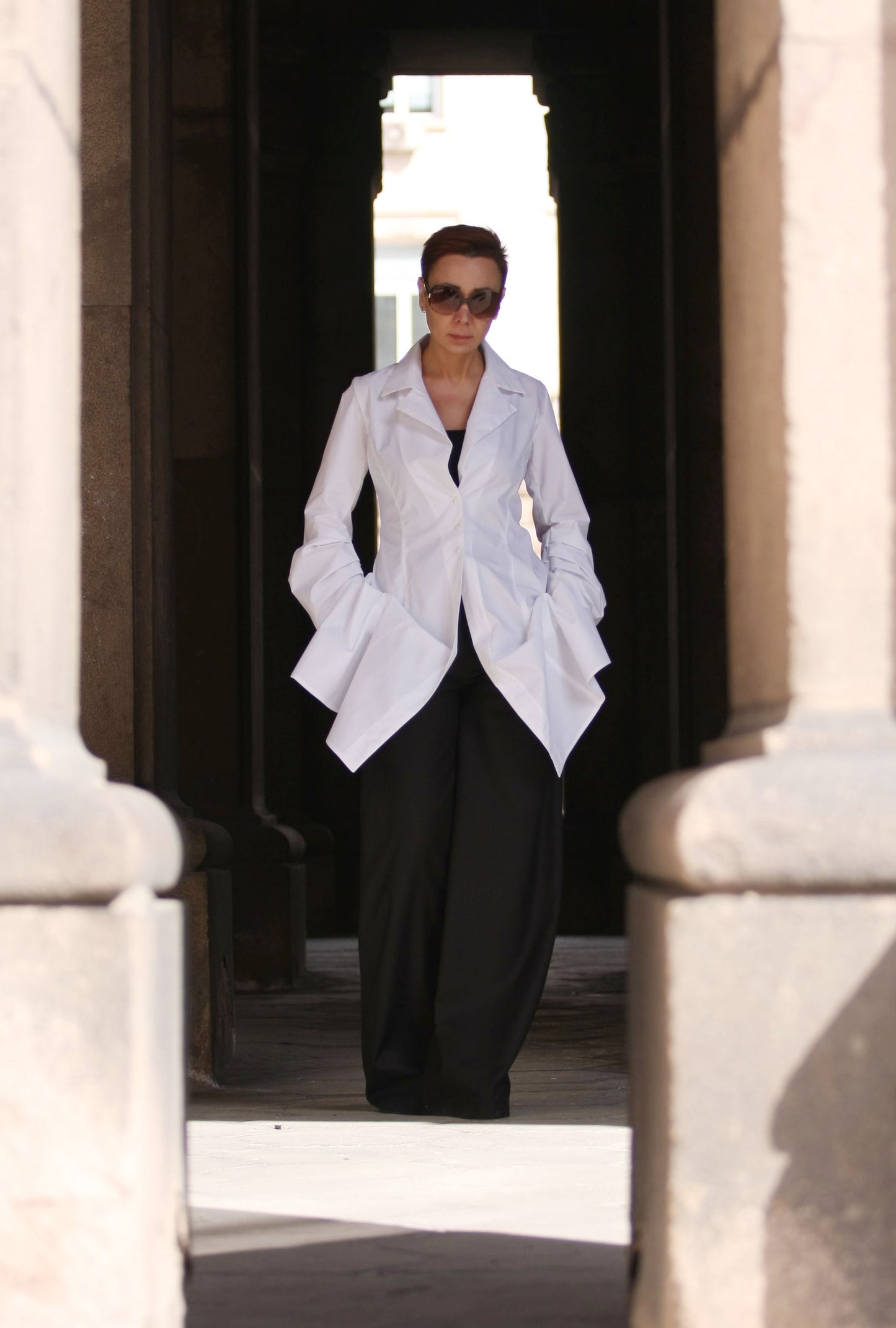 Long White Shirt with Draped Sleeves and Tailored Collar