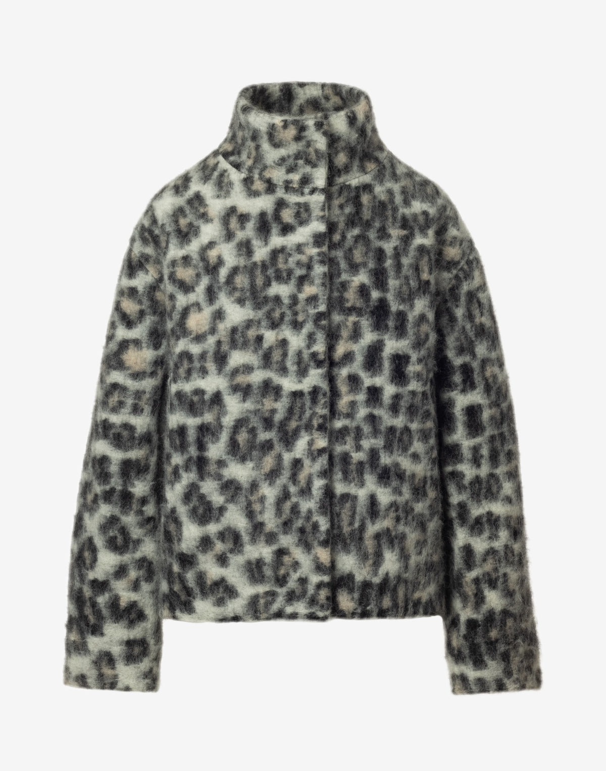 Snow Leopard Wool Coat with Sculptural High Collar