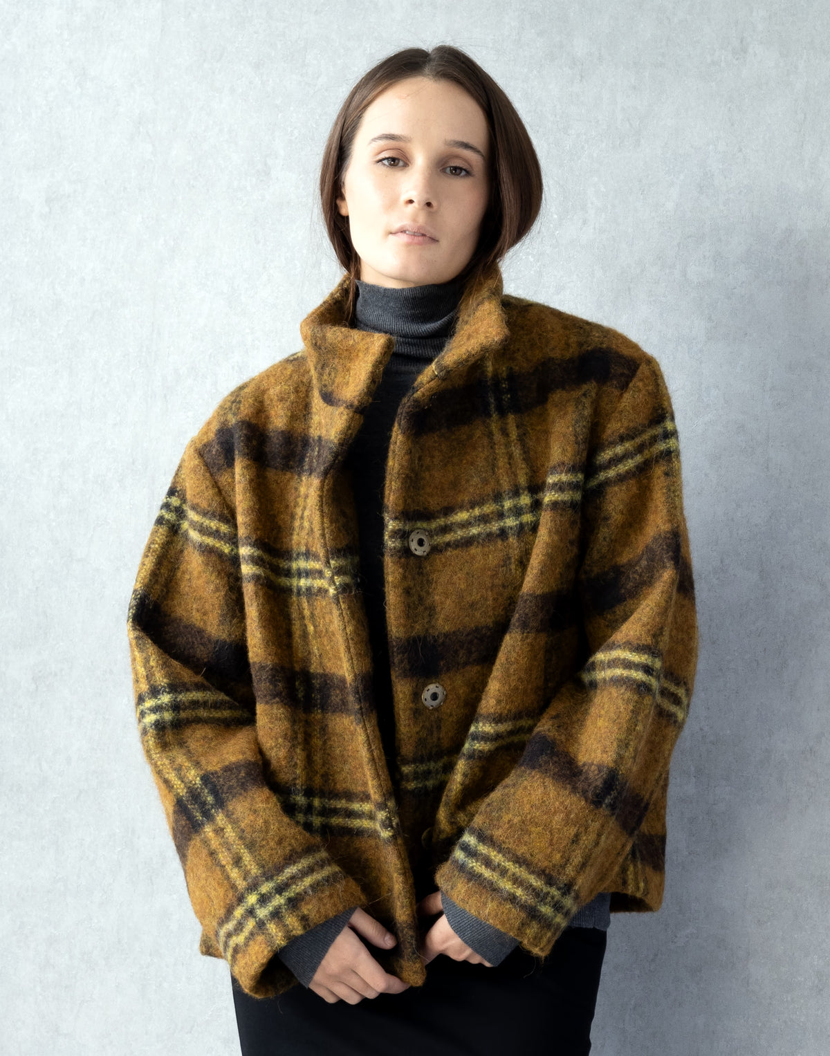 Checked Alpaca & Mohair Coat with Sculptural High Collar