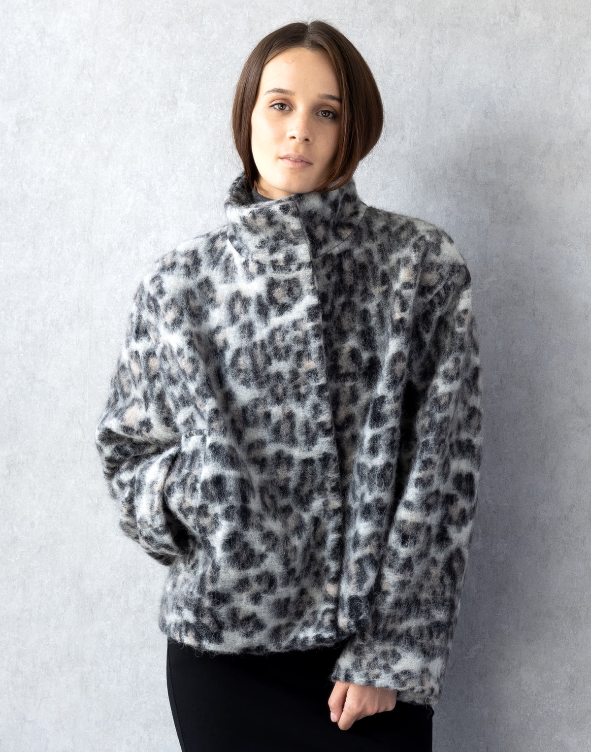 Snow Leopard Wool Coat with Sculptural High Collar