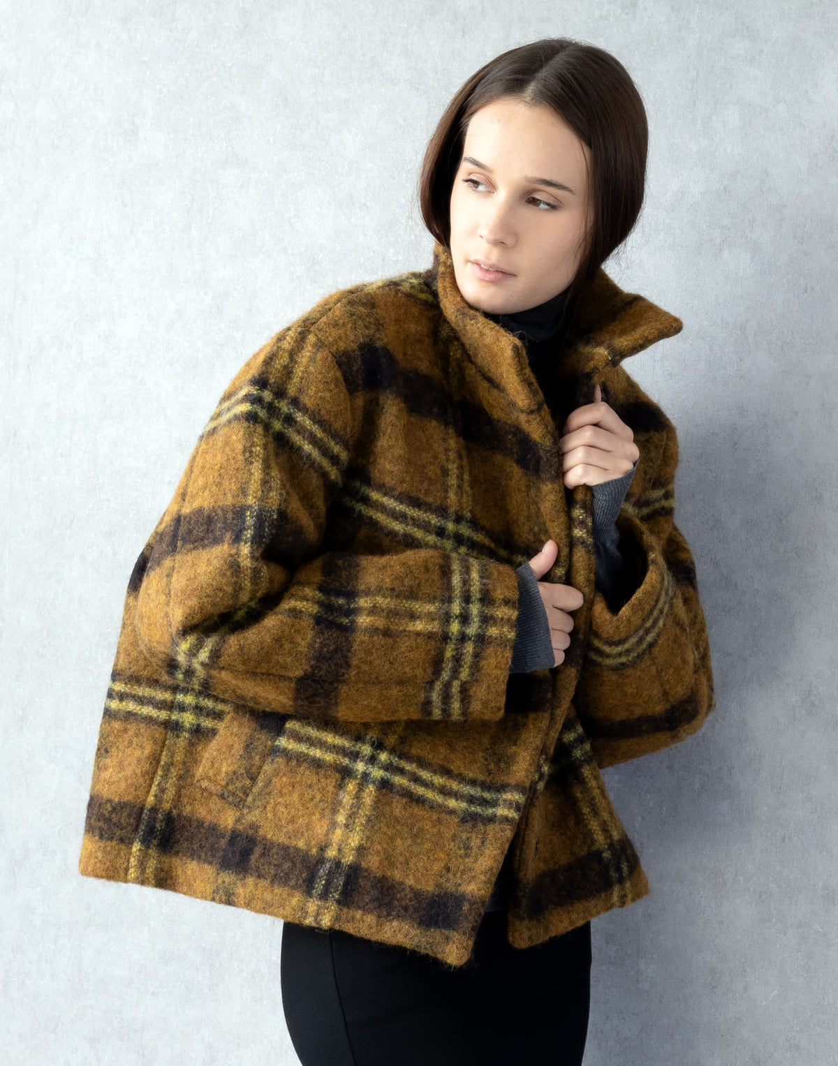 Checked Alpaca & Mohair Coat with Sculptural High Collar
