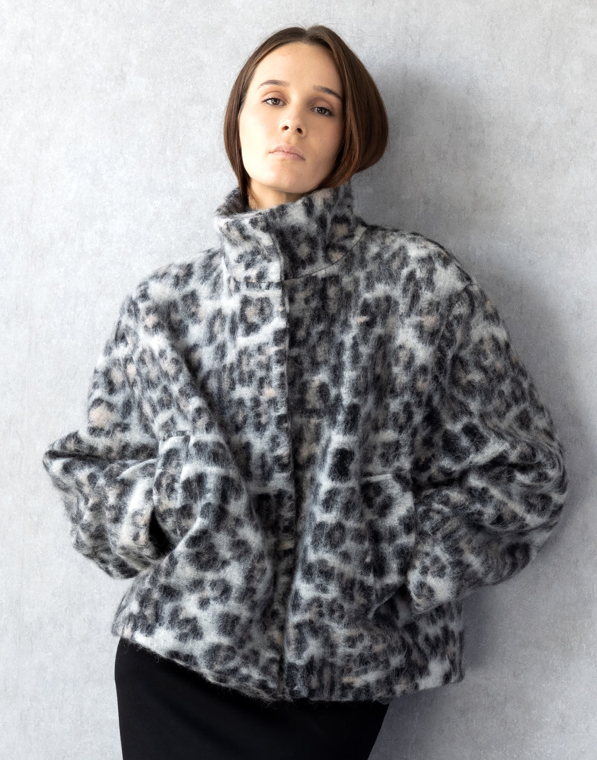 Snow Leopard Wool Coat with Sculptural High Collar