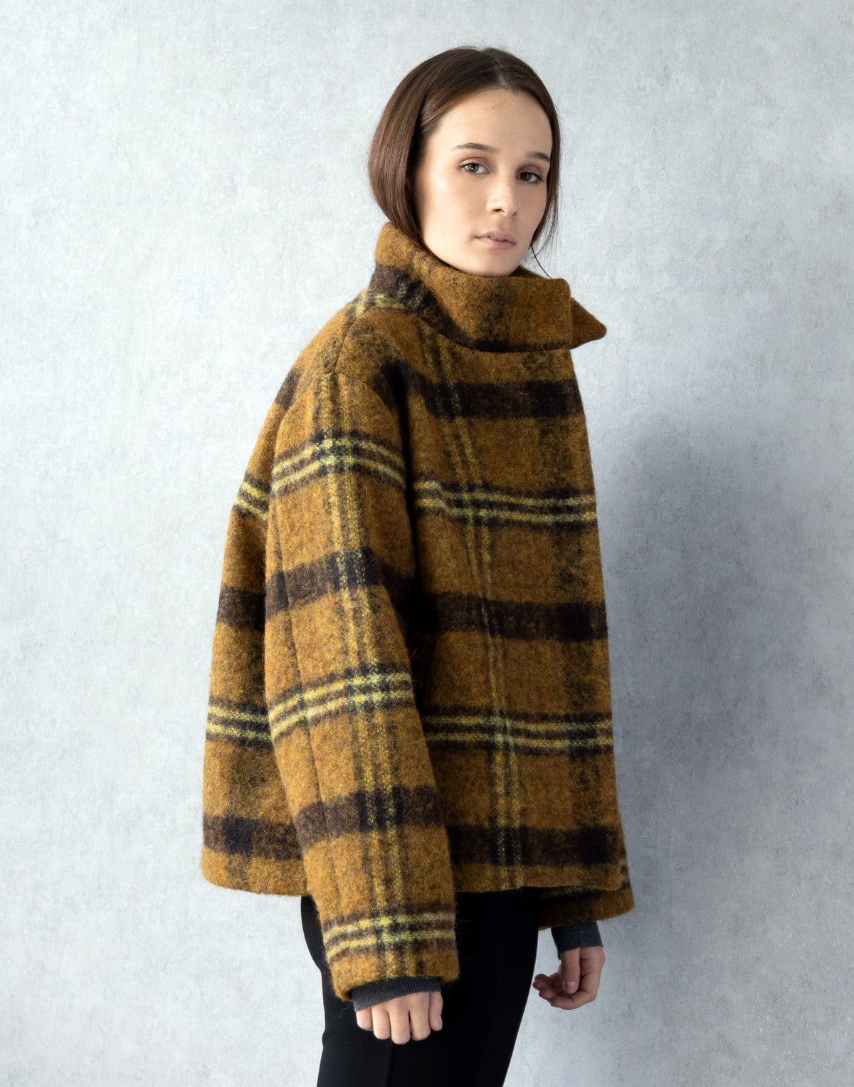 Checked Alpaca & Mohair Coat with Sculptural High Collar