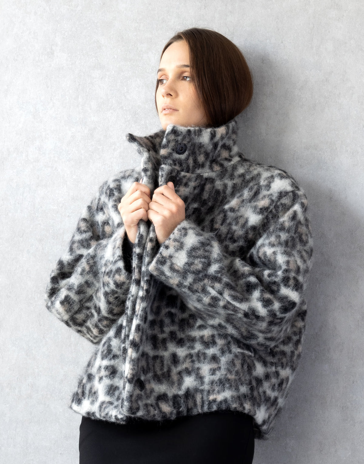 Snow Leopard Wool Coat with Sculptural High Collar