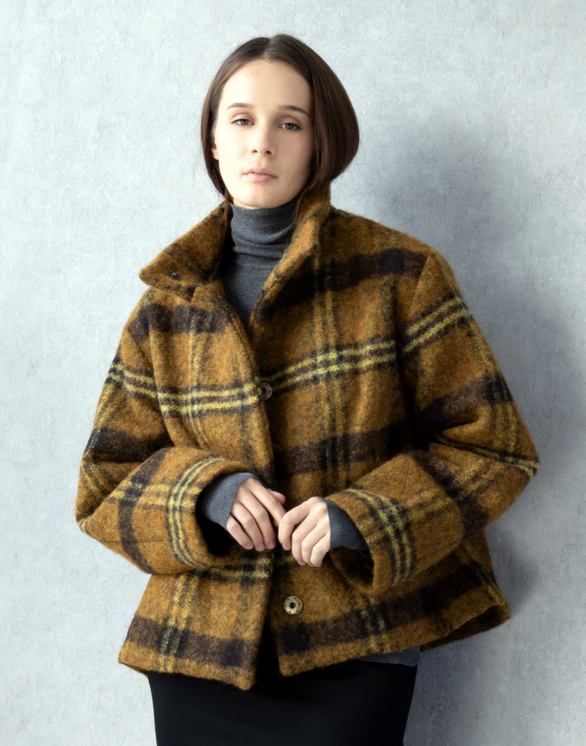 Checked Alpaca & Mohair Coat with Sculptural High Collar