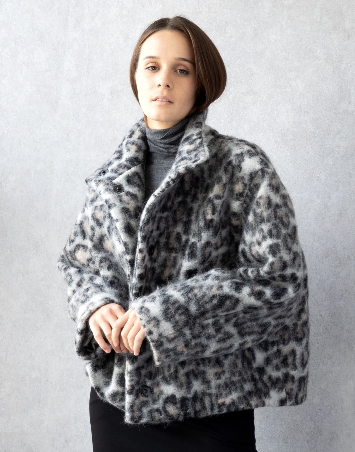 Snow Leopard Wool Coat with Sculptural High Collar