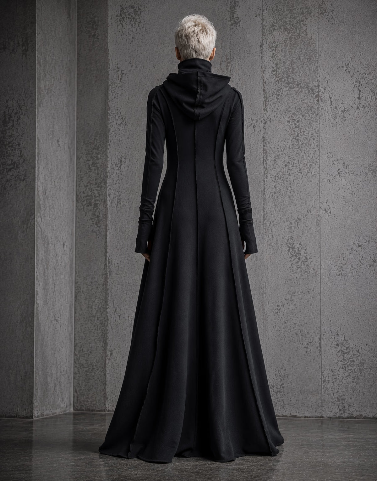 Black Hooded Maxi Dress with Sculptural High Neck