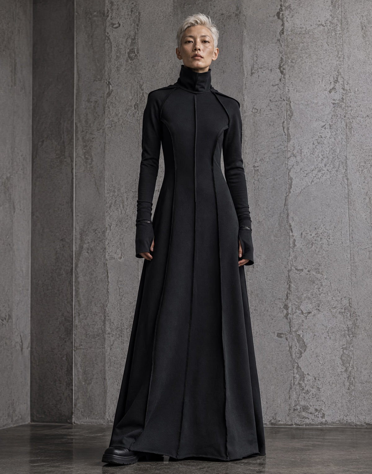 Black Hooded Maxi Dress with Sculptural High Neck