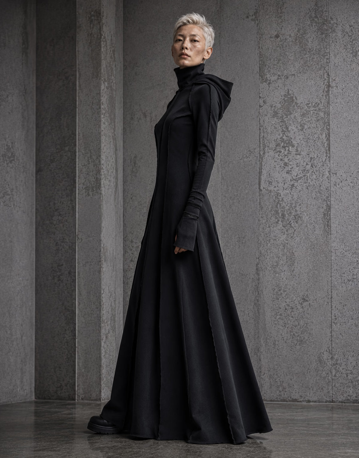 Black Hooded Maxi Dress with Sculptural High Neck