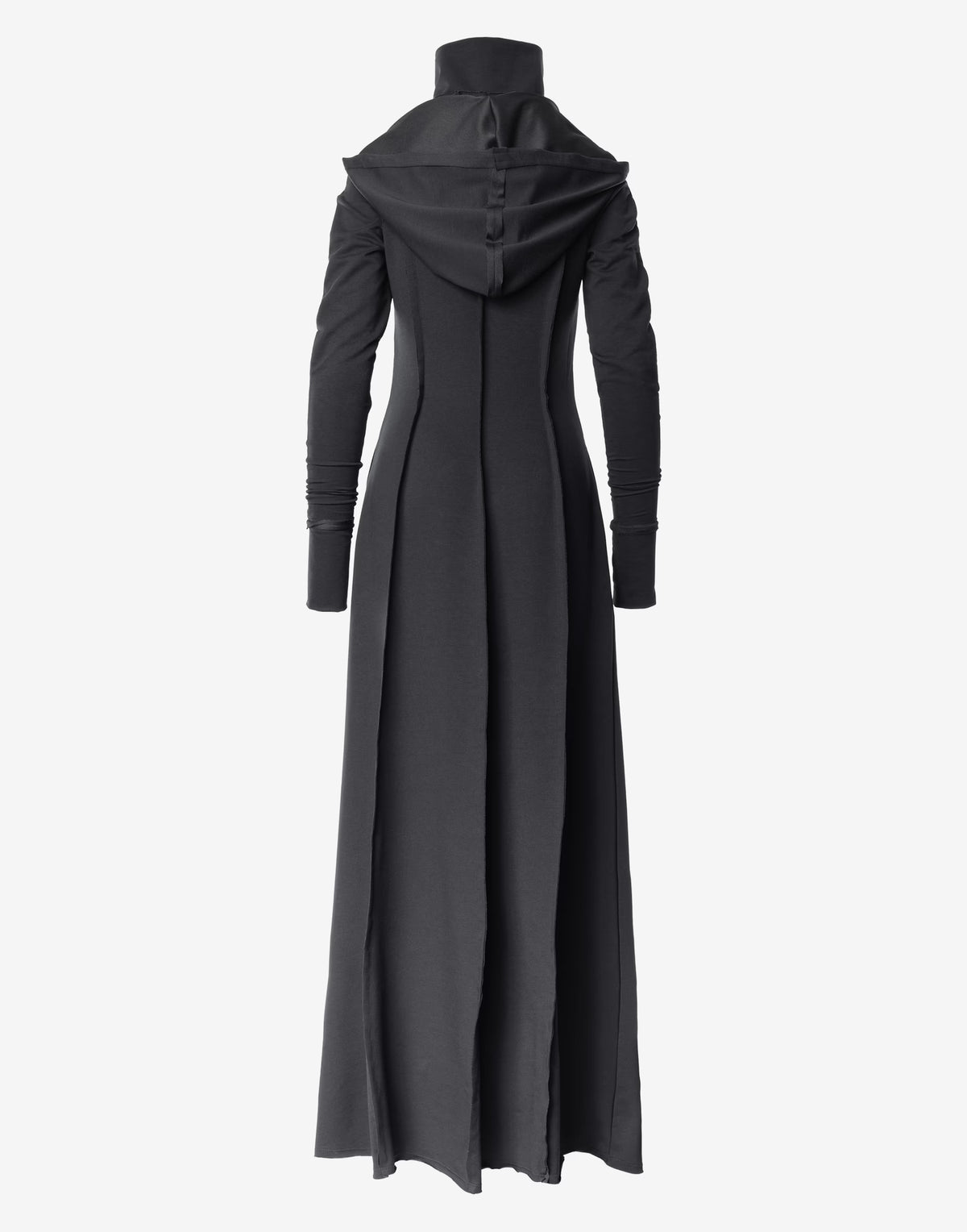 Black Hooded Maxi Dress with Sculptural High Neck