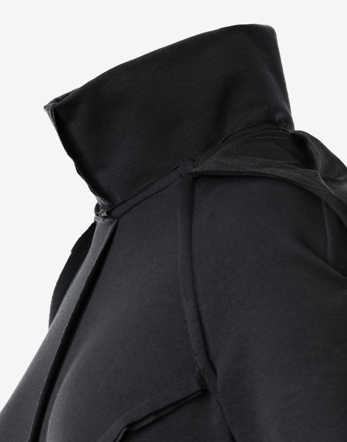 Black Hooded Maxi Dress with Sculptural High Neck
