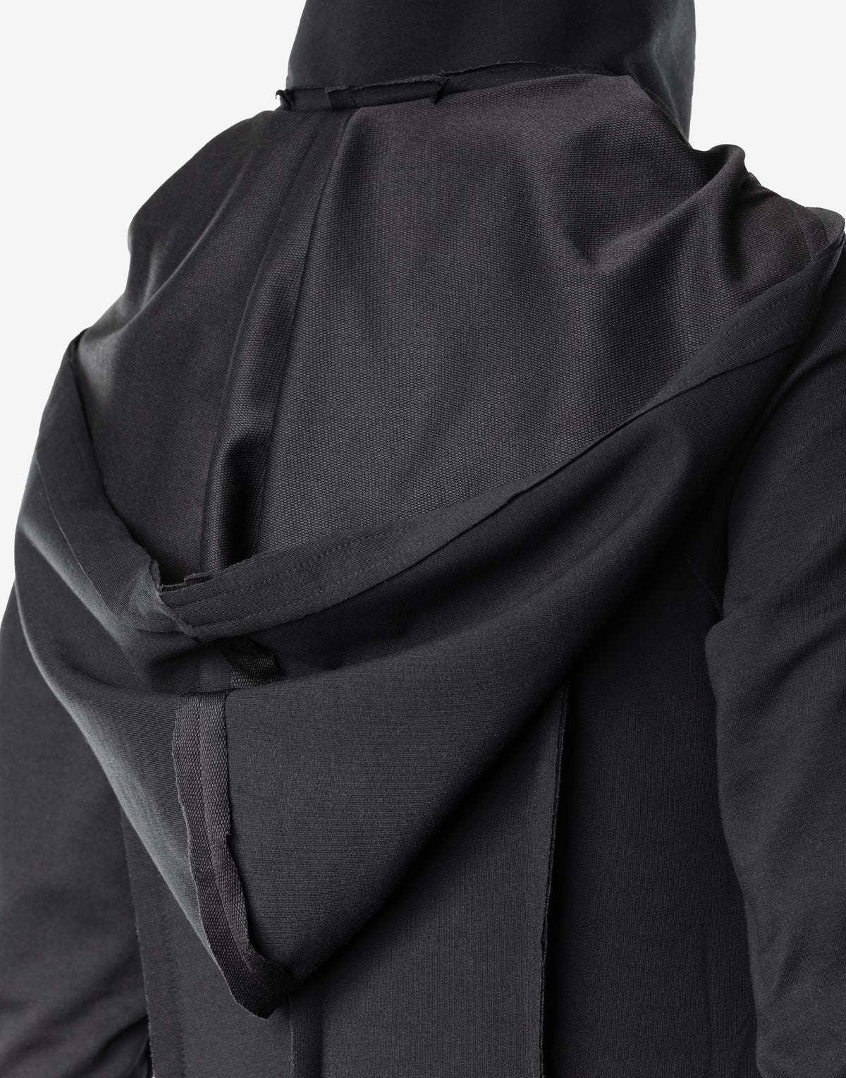 Black Hooded Maxi Dress with Sculptural High Neck