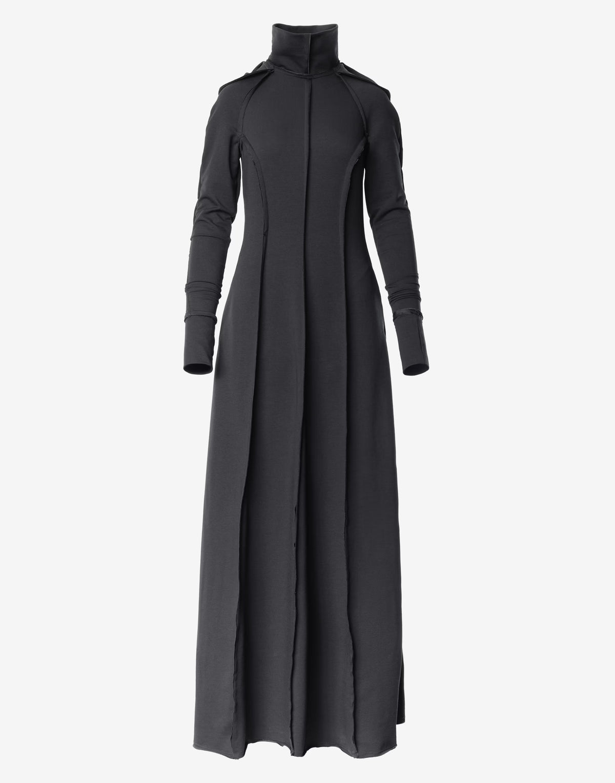 Black Hooded Maxi Dress with Sculptural High Neck